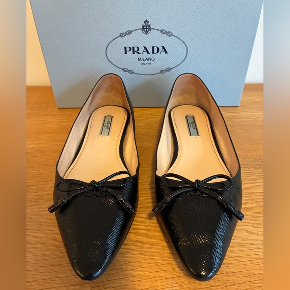 Prada Shoes - Prada Glossed Black Saffiano Flats with Bow